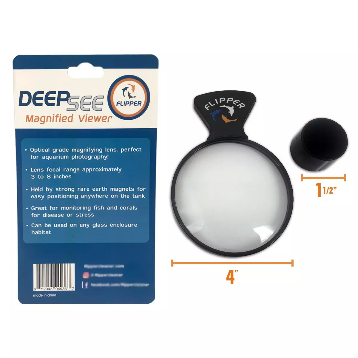 NEW HANDLE DEEPSEE Measured Flipper DeepSee Standard Magnified Magnetic Aquarium Viewer 10.16cm